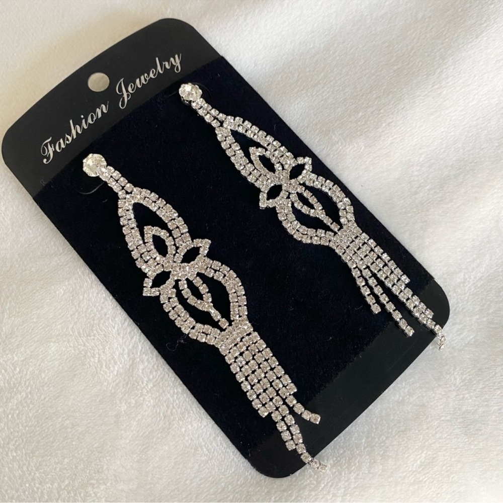 Crystal Drop Statement Earrings - Silver Tone Rhinestones New